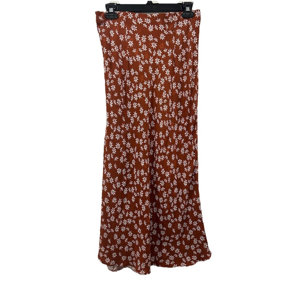 Loft Womens Small Skirt Rust Brown White Floral Midi Side Split Pull On